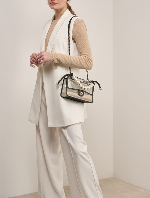 Chanel Timeless 'Sand By The Sea' Medium Lamb / PVC / Pearls Black / Beige on Model | Sell your designer bag