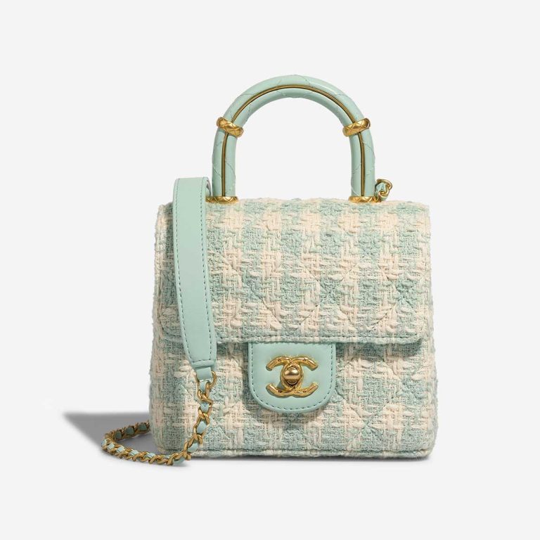 Chanel Handle Mini Square Tweed / Lamb Tiffany Blue / Beige Front | Sell your designer bag