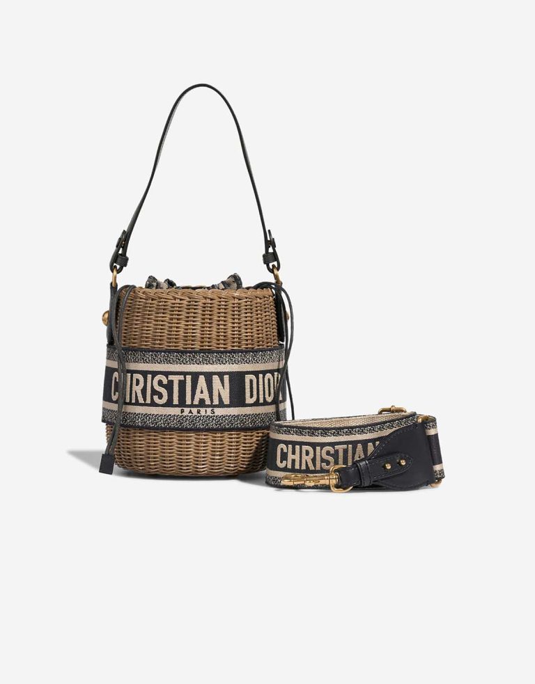 Dior Bucket Bag Wicker / Oblique Jacquard / Lamb Brown / Dark Blue Front | Sell your designer bag