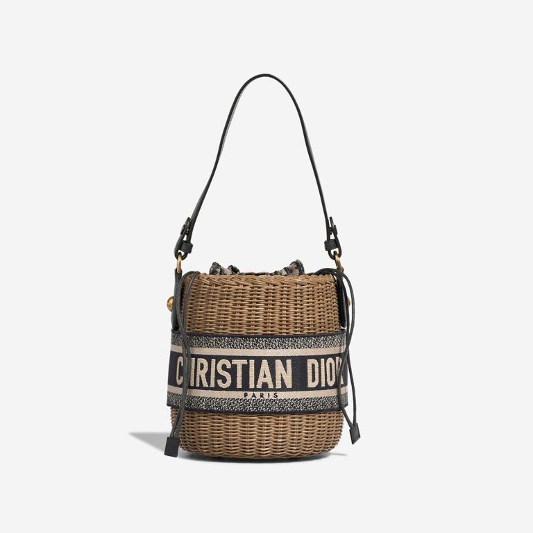 Dior Bucket Bag Wicker / Oblique Jacquard / Lamb Brown / Dark Blue Front | Sell your designer bag