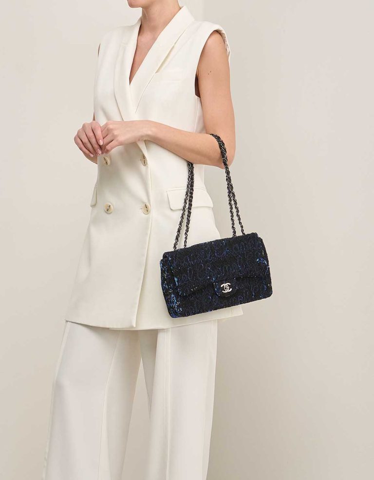 Chanel Timeless Medium Sequins Black / Blue on Model | Sell your designer bag