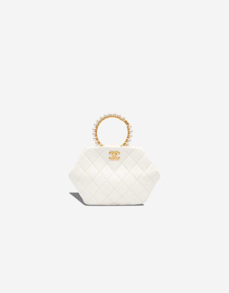 Chanel Pearl Crown Handle Clutch Lamb White Front | Sell your designer bag