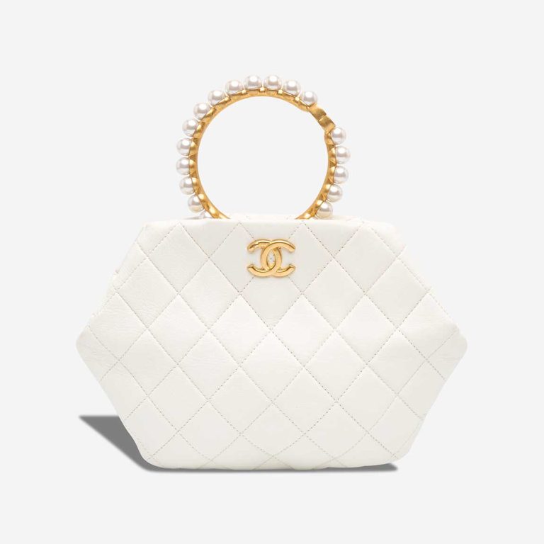 Chanel Pearl Crown Handle Clutch Lamb White Front | Sell your designer bag